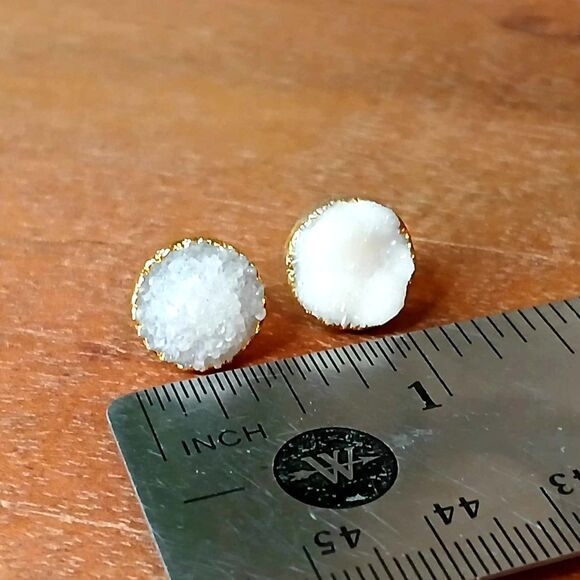 White Druzy Stud Earrings, Gold Posts, Boho Crystal Quartz - Picture 4 of 4